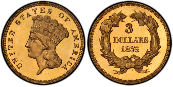 1876 Three-Dollar Gold Piece. Proof-65 Deep Cameo (PCGS).